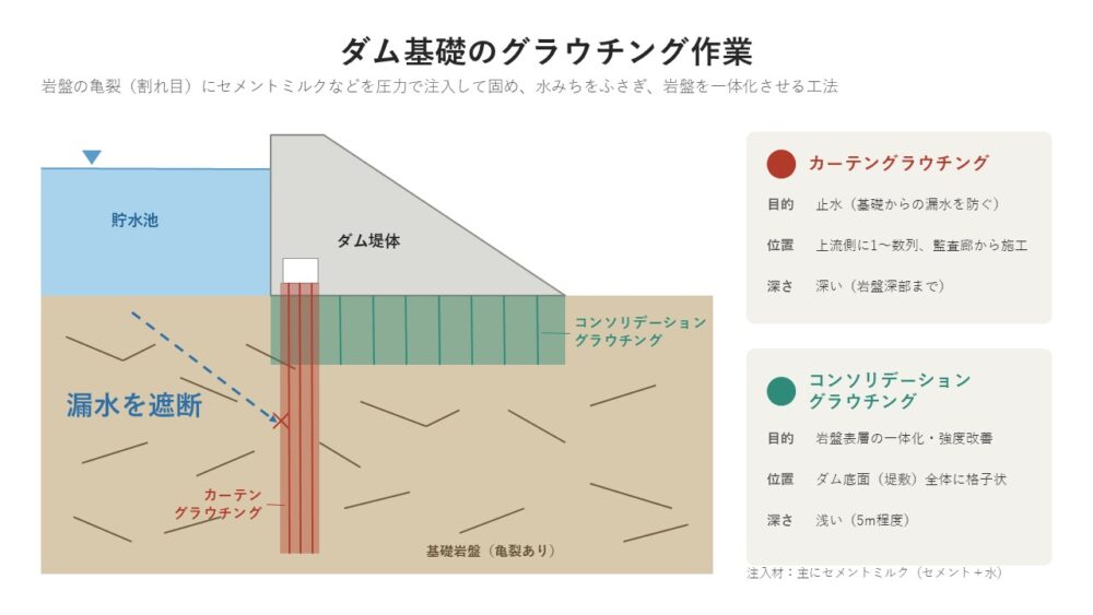 ダム基礎のグラウチング作業
